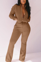 Brown Fashion Casual Solid Long Sleeve O Neck Jumpsuits