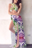 White Europe and America Off The Shoulder Sleeveless V Neck Swagger Floor-Length Print backless split hollow out Dresses