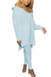Light Blue Fashion adult Ma'am Street Solid Two Piece Suits pencil Long Sleeve Two Pieces