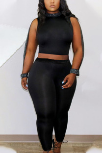 Black Fashion Sexy Print Solid pencil Sleeveless Two Pieces