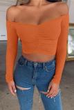 Red Cotton One word collar Long Sleeve Solid Slim fit Patchwork crop top 