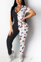 Black Fashion Sexy Print Backless Milk. Long Sleeve Hooded Jumpsuits