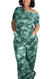 Green Fashion Sexy Camouflage nylon Short Sleeve one shoulder collar Jumpsuits