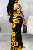 Black Sexy Off The Shoulder Short Sleeves Wrapped chest Swagger Floor-Length Print Floral Ombre Dresses