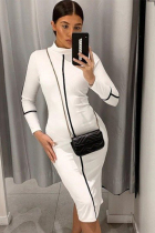 White Cotton Sexy Cap Sleeve Long Sleeves O neck Step Skirt Mid-Calf Solid  Long Sleeve Dresses