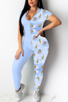 Blue Fashion Sexy Print Backless Milk. Long Sleeve Hooded Jumpsuits