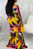 Blue Sexy Off The Shoulder Short Sleeves Wrapped chest Swagger Floor-Length Print Floral Ombre Dresses