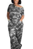 Black Fashion Sexy Camouflage nylon Short Sleeve one shoulder collar Jumpsuits
