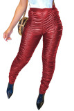 Red PU Elastic Fly Mid Solid Draped pencil Pants Bottoms