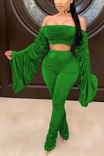 Green Lightly cooked Patchwork Solid Draped asymmetrical Two Piece Suits Pants Long Sleeve Two Pieces