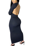 Black Polyester Europe and America OL Long Sleeves O neck Step Skirt Ankle-Length Solid backless Dresses