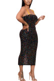 Black Cotton Fashion Sexy adult Ma'am Spaghetti Strap Sleeveless Slip Step Skirt Mid-Calf diamonds Dresses