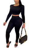 Black Polyester Fashion Casual adult Ma'am Solid Two Piece Suits pencil Long Sleeve Two Pieces