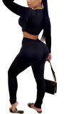 Black Polyester Fashion Casual adult Ma'am Solid Two Piece Suits pencil Long Sleeve Two Pieces
