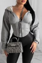 Grey Polyester hooded Long Sleeve Solid Zippered Tops