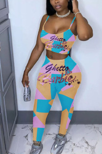 Khaki Casual Print pencil Sleeveless Two Pieces