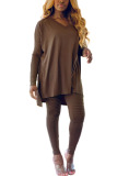 Wine Red Fashion Casual Adult Milk Fiber Solid V Neck Long Sleeve Cap Sleeve Longer In The Rear Two Pieces
