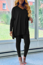Black Fashion Casual Adult Milk Fiber Solid V Neck Long Sleeve Cap Sleeve Longer In The Rear Two Pieces