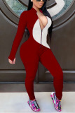 Red Sexy Casual Blends Patchwork Patchwork Zipper Collar Skinny Jumpsuits