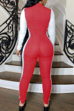rose red Fashion Casual Adult Pit Article Fabrics Patchwork Solid Split Joint O Neck Skinny Jumpsuits