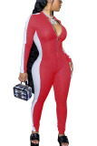 rose red Fashion Casual Adult Pit Article Fabrics Patchwork Solid Split Joint O Neck Skinny Jumpsuits