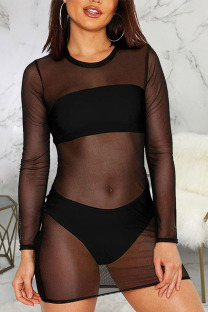 Black Fashion Sexy Solid See-through O Neck Long Sleeve Mini Pencil Skirt Dresses