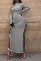 Grey Sexy Solid Slit Turtleneck Long Sleeve Ankle Length Long Sleeve Dress Dresses