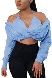 Blue Fashion Daily Adult Solid Patchwork Turndown Collar Tops