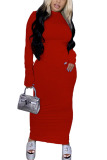 Red Fashion Sexy Adult Solid Backless O Neck Long Sleeve Ankle Length Pencil Skirt Dresses
