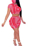 Red Sexy Print O Neck Short Sleeve Short Two Pieces