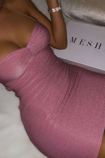 Pink Fashion Sexy Adult Acetate Fiber Solid Spaghetti Strap Sleeveless Mini Pencil Skirt Dresses
