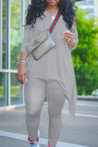 Grey Polyester Fashion Sexy Casual Solid Straight Long Sleeve Two Pieces