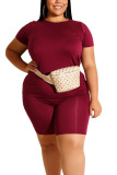 Wine Red Fashion Casual Adult Solid O Neck Plus Size 