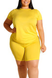 Yellow Fashion Casual Adult Solid O Neck Plus Size 