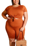 Orange Fashion Casual Adult Solid O Neck Plus Size 