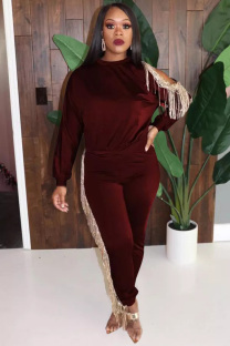 Maroon Polyester Casual Fashion adult HOLLOWED OUT tassel Solid Two Piece Suits pencil Long Sleeve 