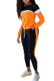 Yellow Fashion Sportswear Adult Polyester Patchwork Solid Split Joint O Neck Long Sleeve Regular Sleeve Regular Two Pieces