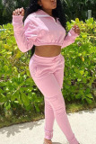 Pink Fashion Casual Adult Solid Patchwork Turndown Collar Long Sleeve Regular Sleeve Short Two Pieces