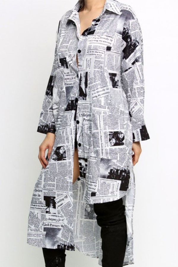Black and white Casual Spandex Letter Patchwork Print Patchwork Buckle Basic Turn-back Collar Long Sleeve Knee Length Asymmetrical Dresses