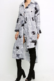 Black and white Casual Spandex Letter Patchwork Print Patchwork Buckle Basic Turn-back Collar Long Sleeve Knee Length Asymmetrical Dresses