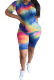 violet Fashion Casual Active Print Tie Dye Short Sleeve Two Pieces