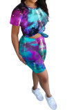 Multi-color Fashion Casual Active Print Tie Dye Short Sleeve Two Pieces