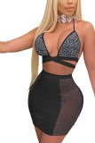 Black Sexy Polyester Solid Split Joint Spaghetti Strap Sleeveless Short Two Pieces