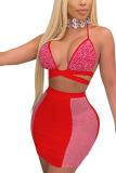 Red Sexy Solid Patchwork Spaghetti Strap Sleeveless Short Two Pieces