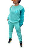 Cyan Fashion Casual Adult Embroidery Embroidered O Neck Long Sleeve Regular Sleeve Regular Two Pieces