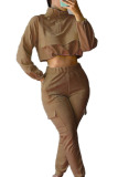 Brown Casual Sportswear Solid Turtleneck Long Sleeve Short Two Pieces
