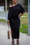 Black Fashion Casual Blends Solid Backless Slit One Shoulder Nine Points Sleeve One Shoulder Regular Two Pieces