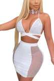 White Sexy Solid Patchwork Spaghetti Strap Sleeveless Short Two Pieces