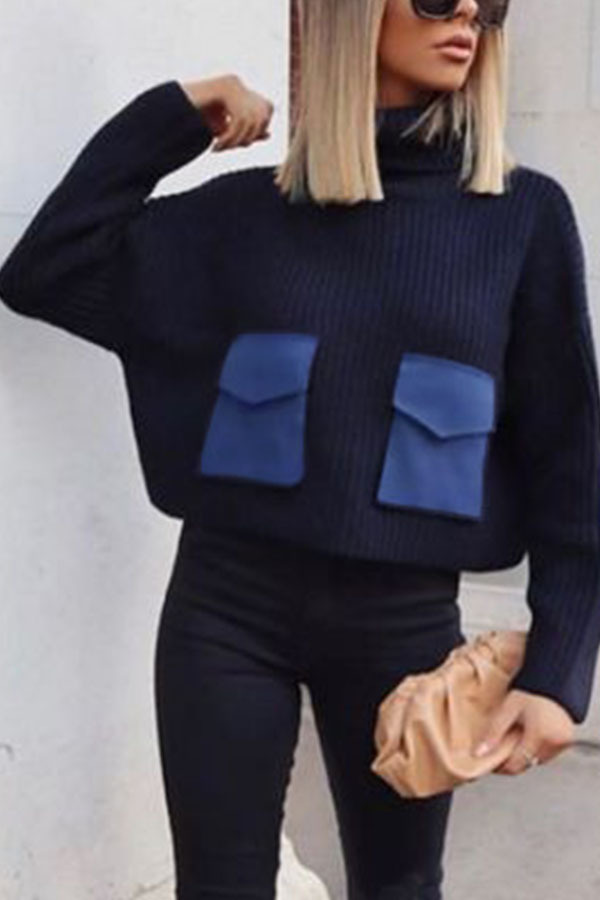 Blue Fashion Daily Adult Patchwork Solid Patchwork Turtleneck Tops