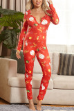Red Sexy Living Knitting Character Print Buttons U Neck Skinny Jumpsuits